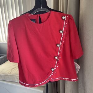 VTG 80 Jean Leslie Red Top Blouse White Piping Polka Dots Decorative Buttons 14
